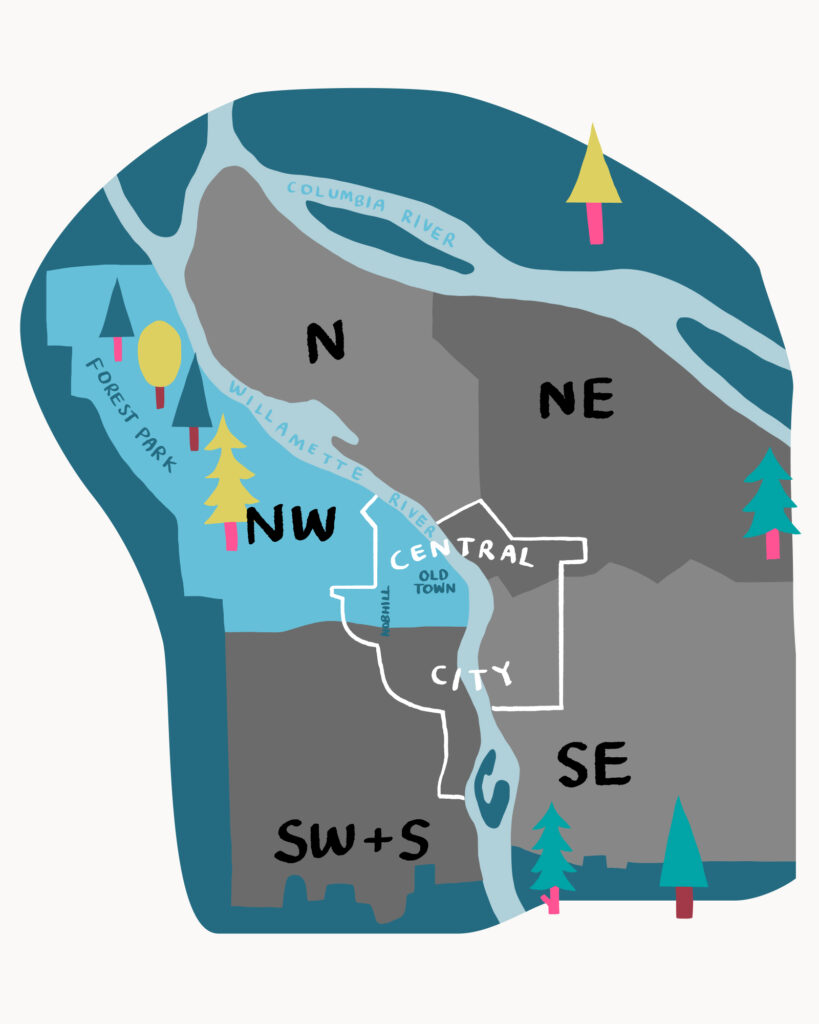 a map of Portland's quadrants highlighting Northwest Portland